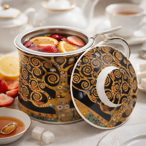 Kubek Porcelanowy z Zaparzaczem i Pokrywką 350 ml – Klimt Drzewo Życia