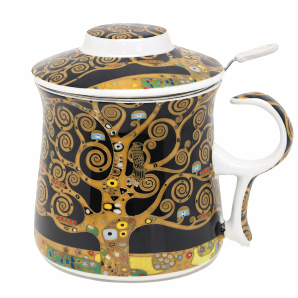 Kubek Porcelanowy z Zaparzaczem i Pokrywką 350 ml – Klimt Drzewo Życia