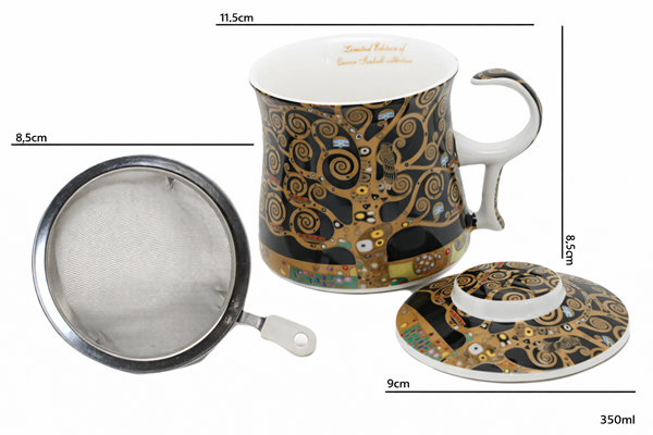 Kubek Porcelanowy z Zaparzaczem i Pokrywką 350 ml – Klimt Drzewo Życia