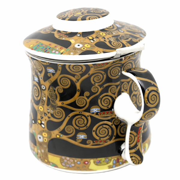 Kubek Porcelanowy z Zaparzaczem i Pokrywką 350 ml – Klimt Drzewo Życia