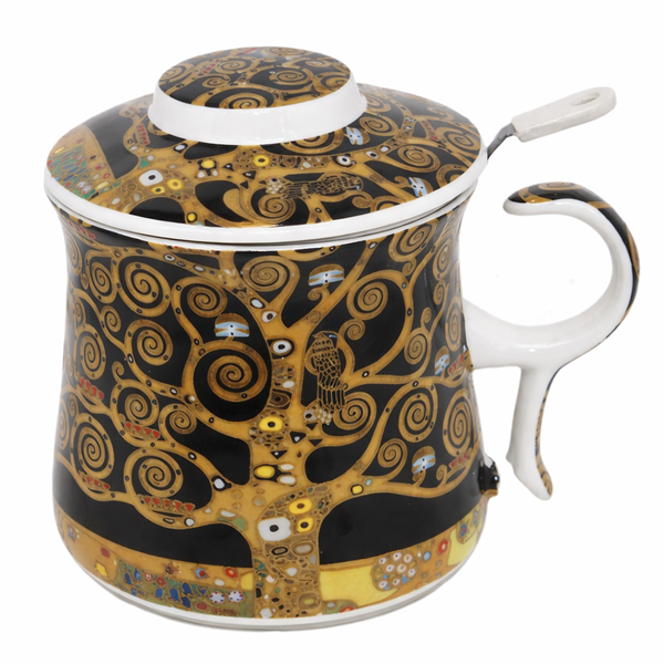 Kubek Porcelanowy z Zaparzaczem i Pokrywką 350 ml – Klimt Drzewo Życia
