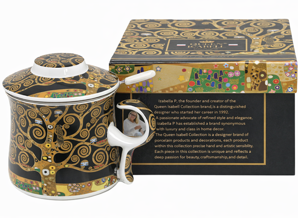 Kubek Porcelanowy z Zaparzaczem i Pokrywką 350 ml – Klimt Drzewo Życia