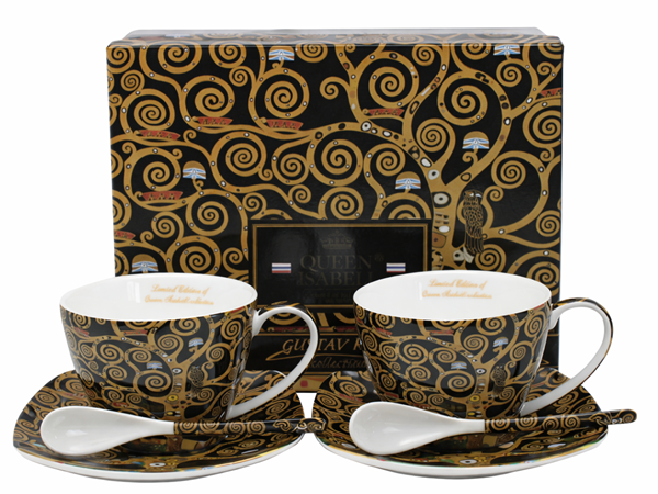 Komplet Porcelanowy Filiżanki ze Spodkami i Łyżeczkami – Klimt Drzewo Życia
