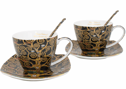 Komplet Porcelanowy Filiżanki ze Spodkami i Łyżeczkami – Klimt Drzewo Życia
