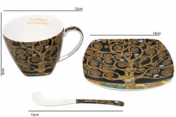 Komplet Porcelanowy Filiżanki ze Spodkami i Łyżeczkami – Klimt Drzewo Życia