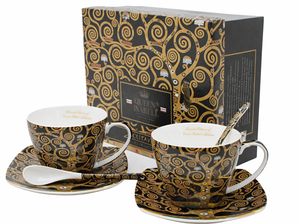 Komplet Porcelanowy Filiżanki ze Spodkami i Łyżeczkami – Klimt Drzewo Życia