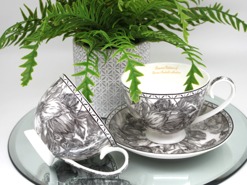 Zestaw Filiżanek ze Spodkami Porcelana Czarno-Biała Kwiaty 250ml