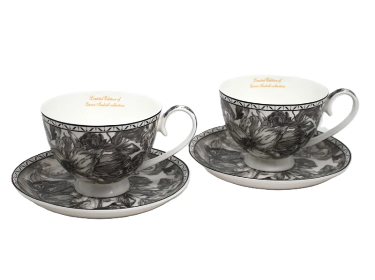 Zestaw Filiżanek ze Spodkami Porcelana Czarno-Biała Kwiaty 250ml