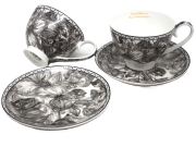 Zestaw Filiżanek ze Spodkami Porcelana Czarno-Biała Kwiaty 250ml
