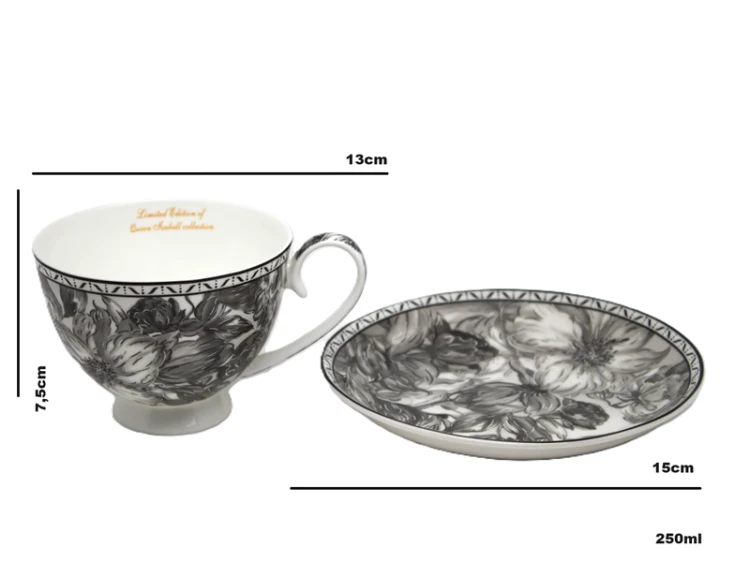 Zestaw Filiżanek ze Spodkami Porcelana Czarno-Biała Kwiaty 250ml