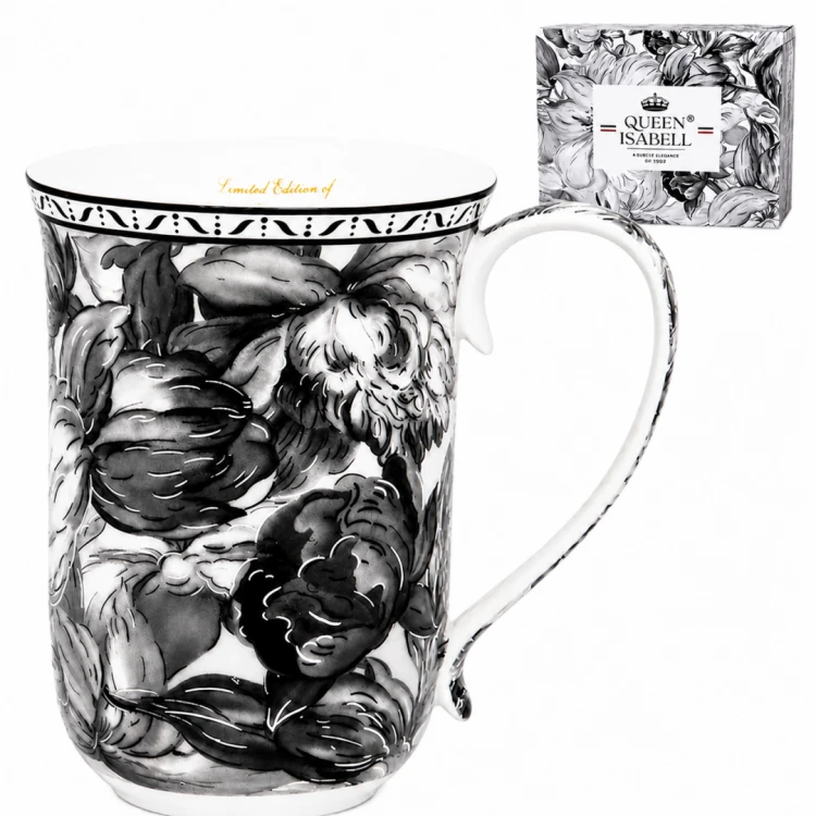 Elegancki Kubek Porcelanowy 400 ml – Czarno-Biały Motyw Kwiatowy