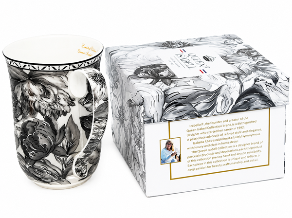 Elegancki Kubek Porcelanowy 400 ml – Czarno-Biały Motyw Kwiatowy