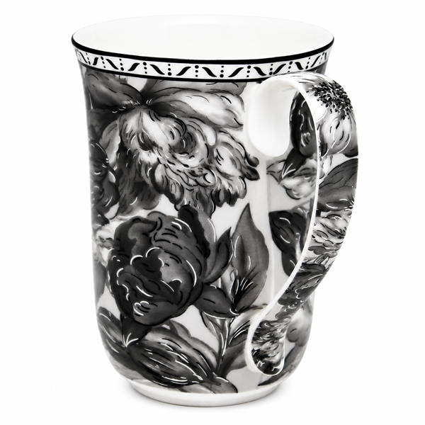 Elegancki Kubek Porcelanowy 400 ml – Czarno-Biały Motyw Kwiatowy