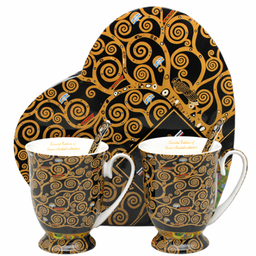 Komplet Porcelanowy 2 Kubki 300ml z Łyżeczkami – Gustav Klimt Drzewo Życia