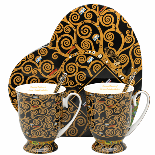 Komplet Porcelanowy 2 Kubki 300ml z Łyżeczkami – Gustav Klimt Drzewo Życia