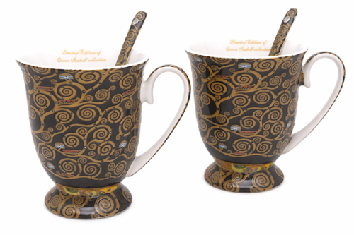 Komplet Porcelanowy 2 Kubki 300ml z Łyżeczkami – Gustav Klimt Drzewo Życia