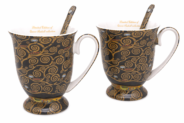 Komplet Porcelanowy 2 Kubki 300ml z Łyżeczkami – Gustav Klimt Drzewo Życia
