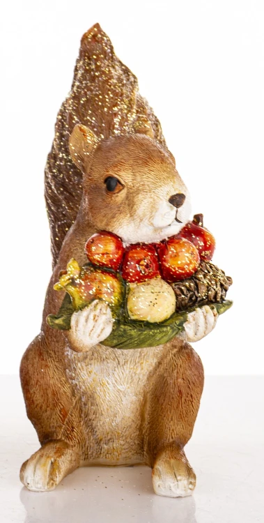 Figurka Wiewiórka z Owocami Dekoracja Jesienna Brokatowa 14cm