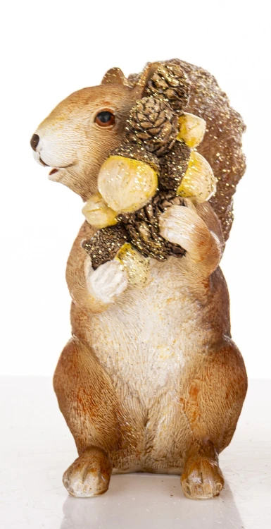 Figurka Wiewiórka z Szyszkami Dekoracja Jesienna Złota Brokatowa 15cm