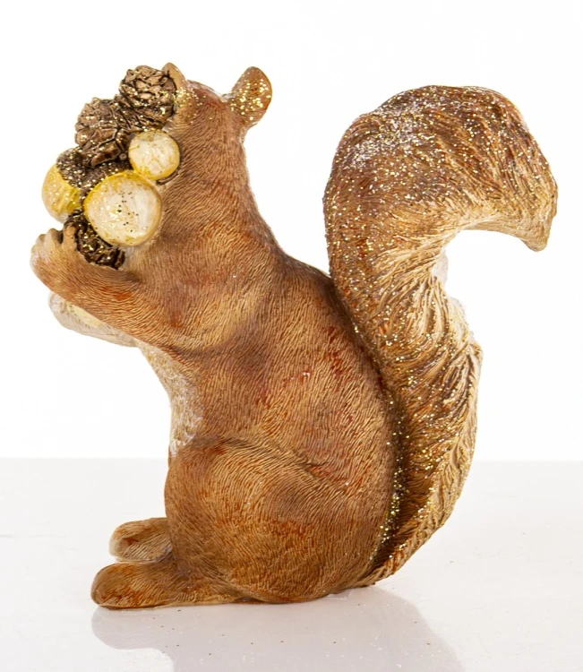 Figurka Wiewiórka z Szyszkami Dekoracja Jesienna Złota Brokatowa 15cm