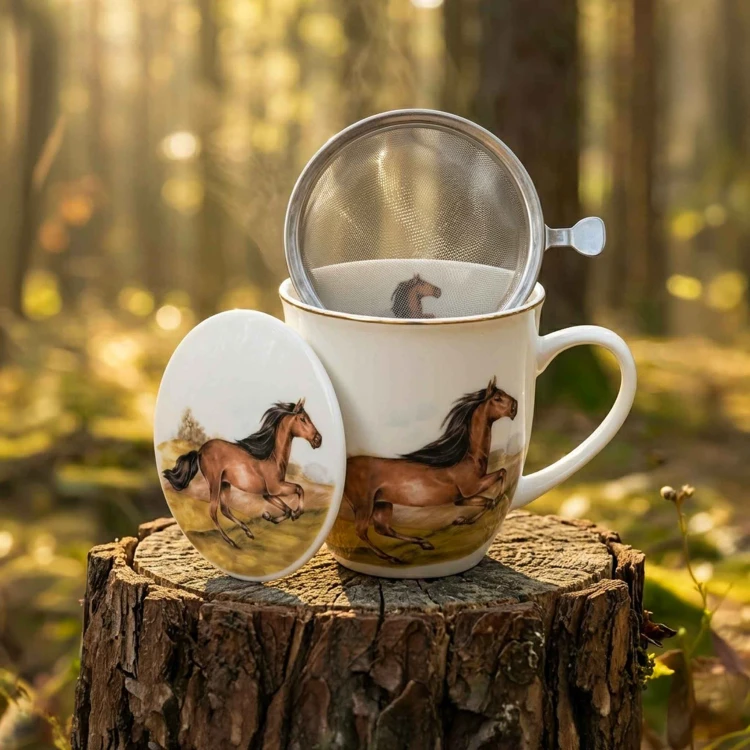 Kubek z Zaparzaczem i Pokrywką Porcelana KOŃ GNIADY 400 ml