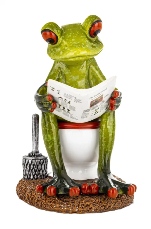 FIGURKA ŻABA NA TOALECIE WC Z GAZETĄ ŁAZIENKA 10,5x7,5x10