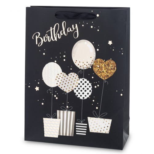 Torba Prezentowa Urodzinowa Birthday Balony Czarna Złota 40x30x12 cm