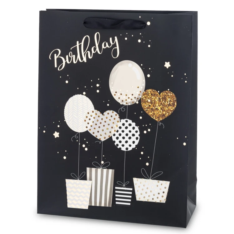 Torba Prezentowa Urodzinowa Birthday Balony Czarna Złota 40x30x12 cm