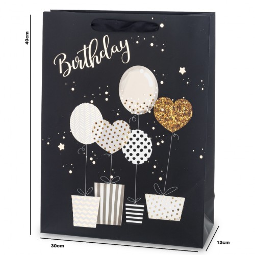 Torba Prezentowa Urodzinowa Birthday Balony Czarna Złota 40x30x12 cm