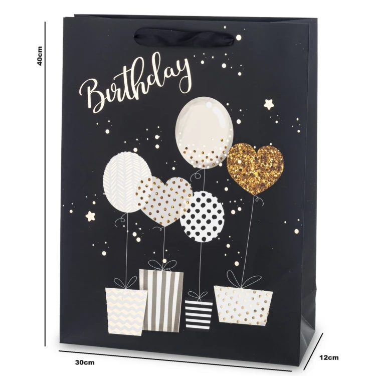 Torba Prezentowa Urodzinowa Birthday Balony Czarna Złota 40x30x12 cm