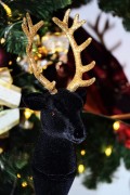 Figurka Głowa Renifera Welurowa Czarna Stojąca Złota 20 cm