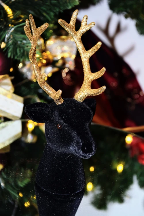 Figurka Głowa Renifera Welurowa Czarna Stojąca Złota 20 cm