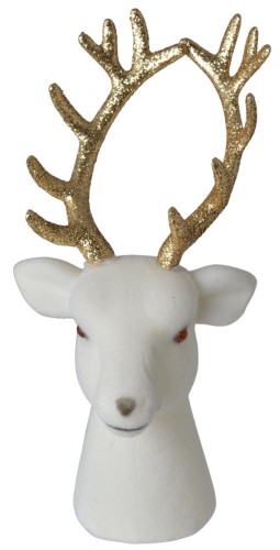 Figurka Głowa Renifera Welurowa Biała Stojąca Złota 20 cm