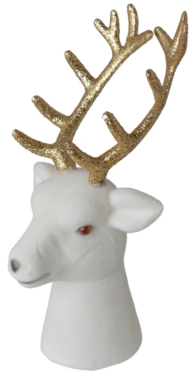 Figurka Głowa Renifera Welurowa Biała Stojąca Złota 20 cm